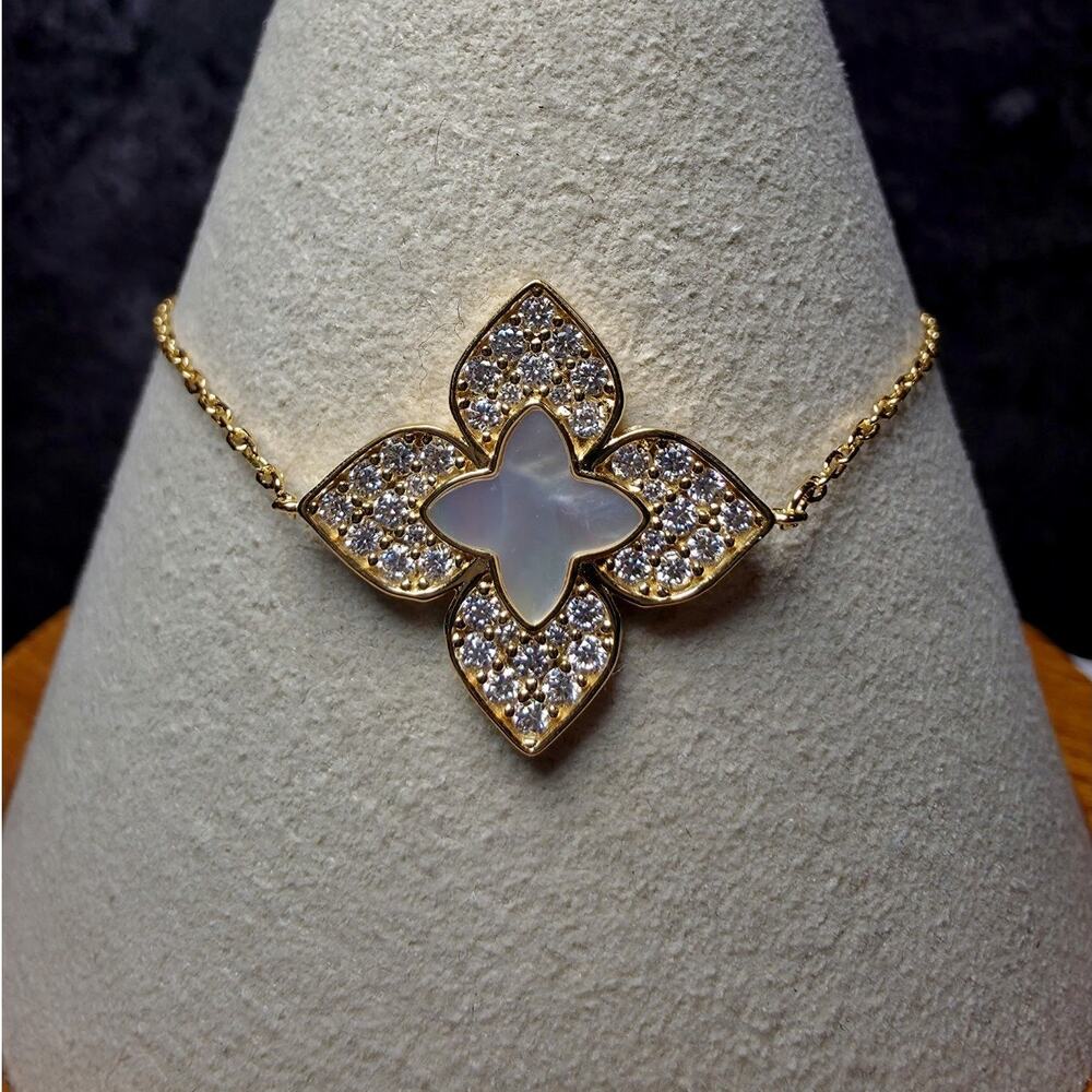 7+1" 1.08 CTW Moissanite & Mother of Pearl Floral Bracelet 14k Gold Over Silver